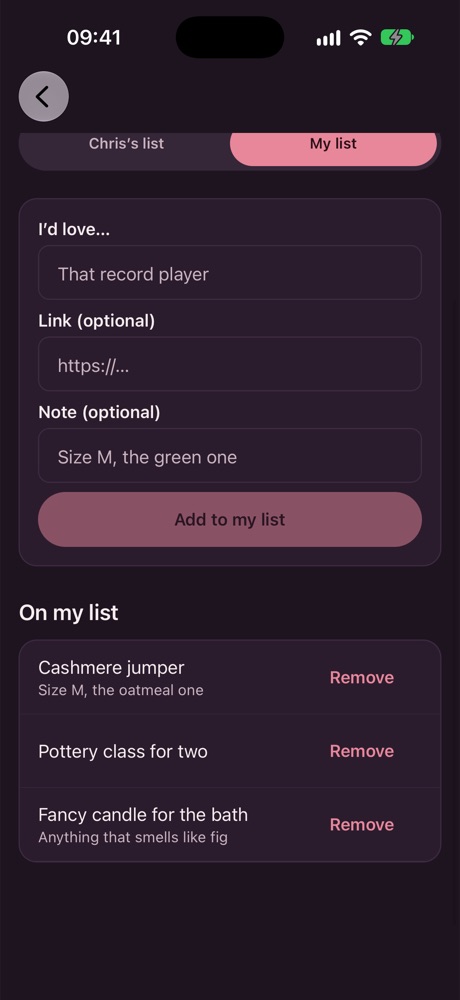Wishlist screen